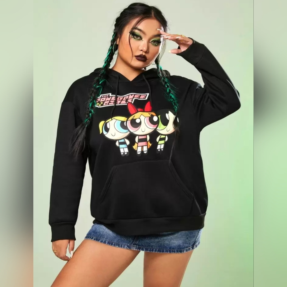 ❤️ROMWE Black Hoodie with Powerpuff Girls Trio Graphic☆